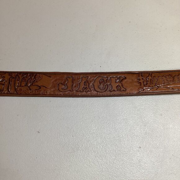 Vintage Name Jack Western Cowboy Outdoor Fish Tooled Cowhide Tan Leather 46 Belt - Picture 3 of 9